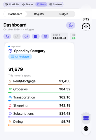 Dashwell bank dashboard on iPhone Duo with this month's spend by category
