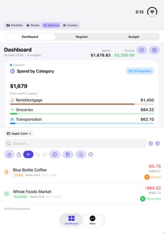 Dashwell on iPhone Duo with Spend by Category above Apple Card transactions