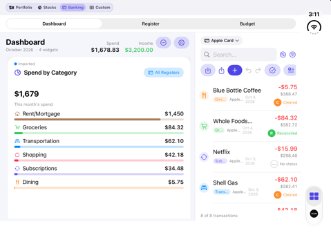 Dashwell on unfolded iPhone Duo showing Spend by Category beside the Apple Card register