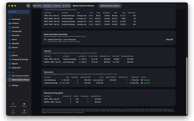 Dashwell option exercise cost checked against each account's cash and money-market funds, with both accounts covered, and exercise cost by option