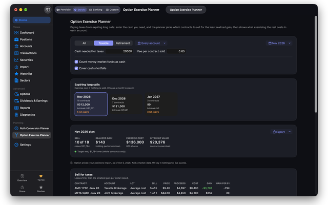 Dashwell Option Exercise Planner on Mac with $20,000 needed for taxes, expiring long calls by month, and a November plan that sells 10 of 18 contracts for $143 of realized gain