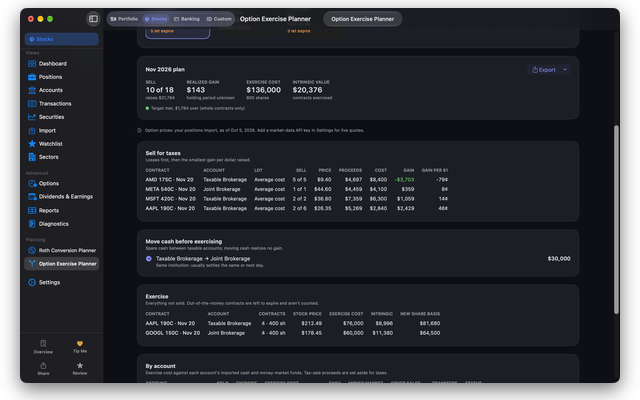 Dashwell option plan listing which calls to sell for taxes, losses first, a cash move between taxable accounts, and the calls left to exercise