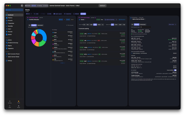 Dashwell Portfolio dashboard on Mac with the Option Exercise Planner widget next to portfolio allocation and events widgets