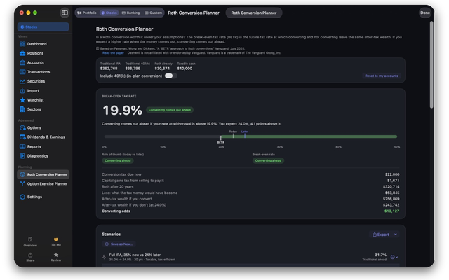 Dashwell Roth Conversion Planner on Mac showing a 19.9% break-even tax rate, with converting coming out ahead, and a dollar breakdown