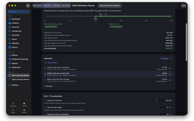 Three saved Roth conversion scenarios in Dashwell compared side by side, one pinned to the dashboard