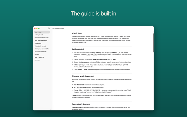 The FormatStand help guide open on Mac