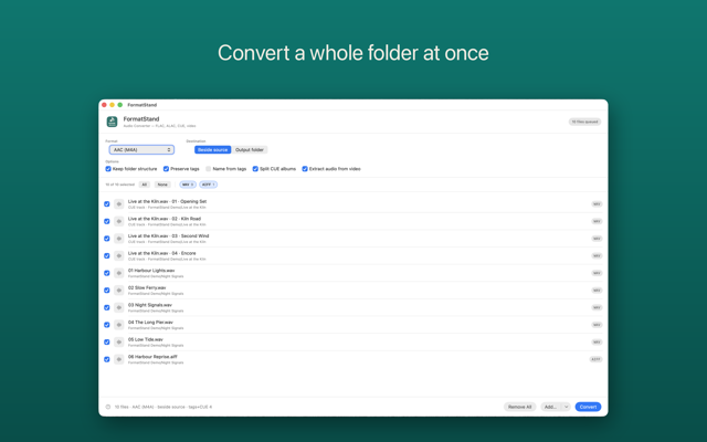 FormatStand on Mac converting a whole folder of audio files at once