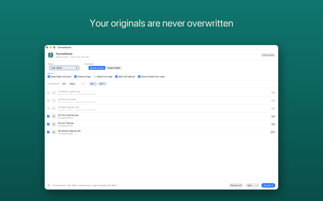 FormatStand on Mac showing already-converted files skipped so originals are never overwritten