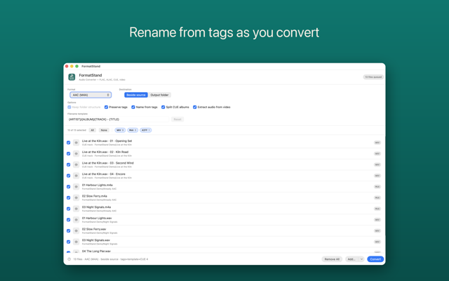 FormatStand on Mac renaming output files from their tags using a filename template