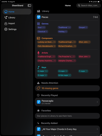 SheetStand home on iPad with the library browsable by genre, composer, artist and key