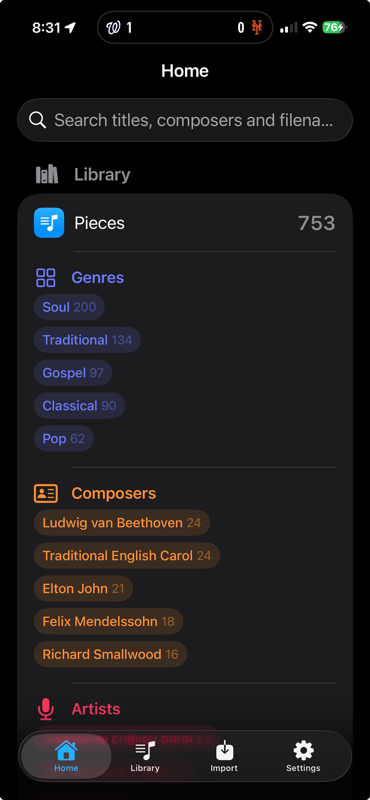 SheetStand home on iPhone with the library browsable by genre and composer