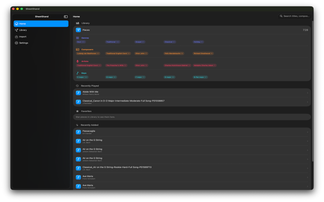 SheetStand home on Mac with library filters and recently played pieces