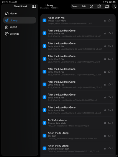 SheetStand library list on iPad showing pieces with composer and genre