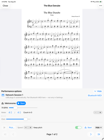 SheetStand on iPad with the performance panel open showing metronome tempo and MIDI settings