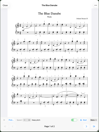 SheetStand full-screen performance view on iPad showing a piano score