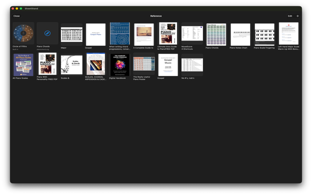 SheetStand reference shelf on Mac showing saved chord charts and scale PDFs