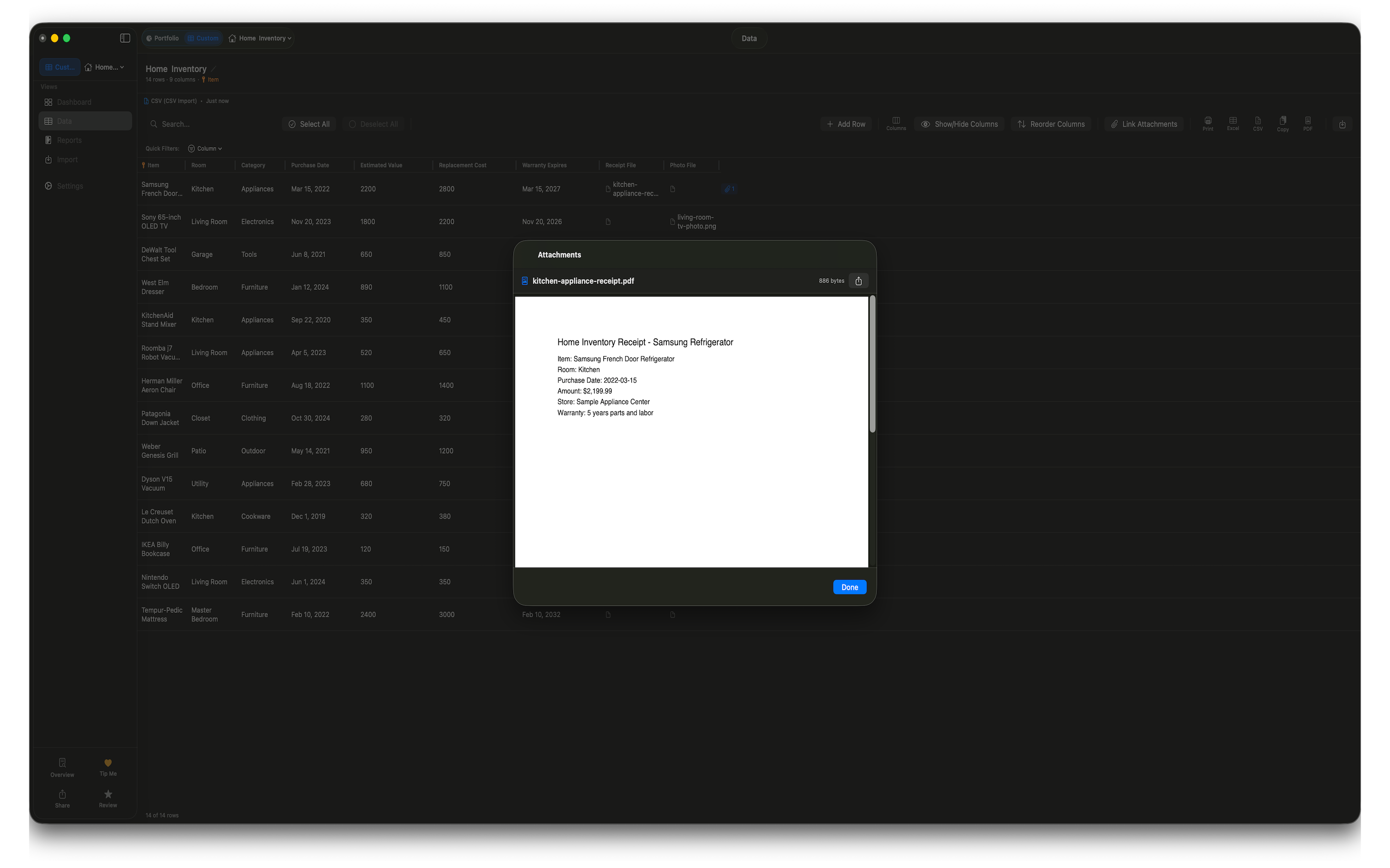 Dashwell Portfolio Creator — Custom mode attachments and receipts on macOS