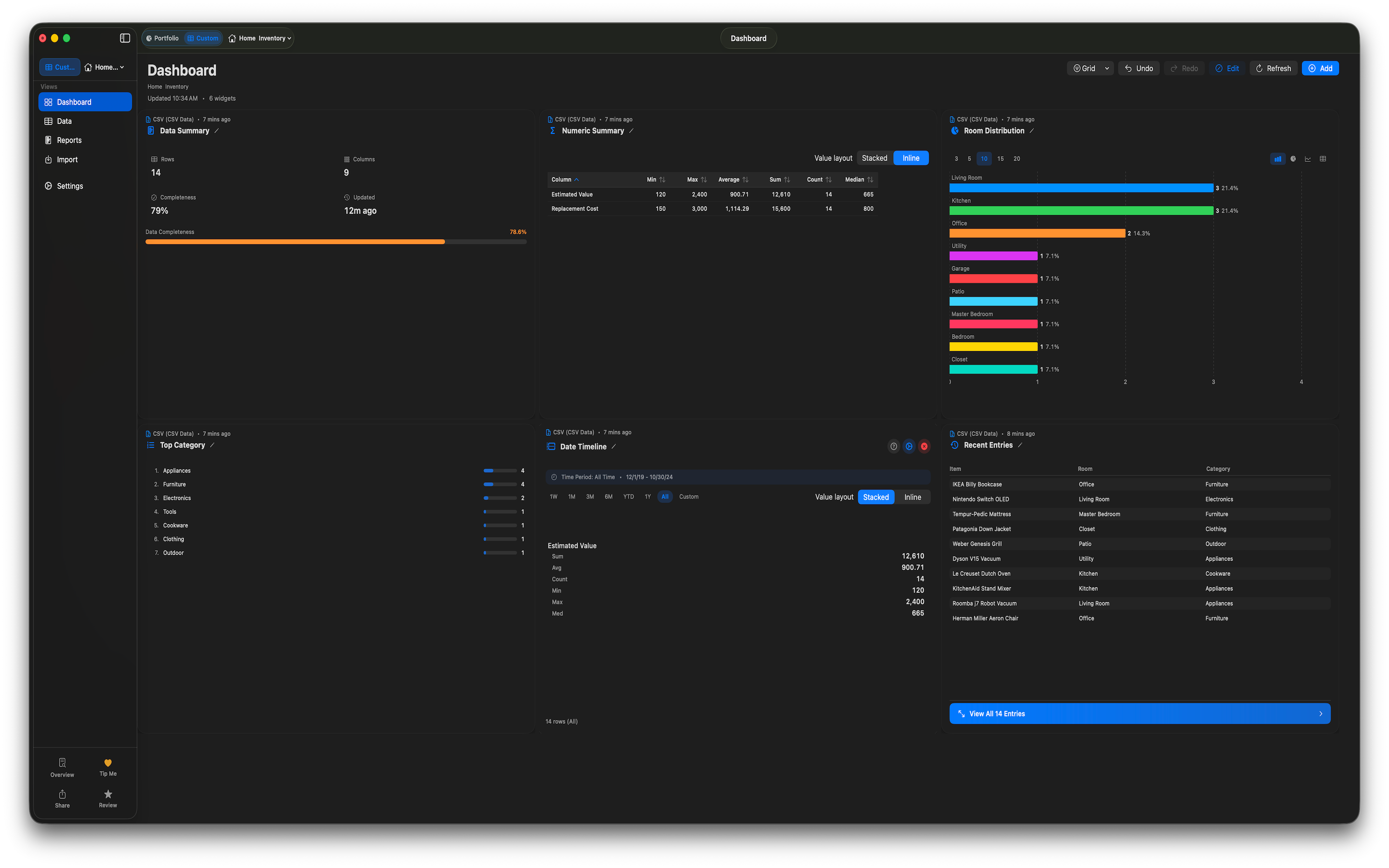 Dashwell Portfolio Creator — Custom mode home inventory dashboard on macOS